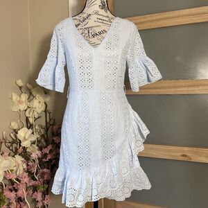SHEIN Baby Blue Mini Faux Wrap Dress Ruffled Hem Bell Sleeves Women's Size M